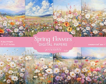 May include: A set of eight digital papers featuring colorful spring flower fields. The papers are 12 inches by 12 inches and are printable. The text "Spring Flowers Digital Papers" is displayed on a pink banner.