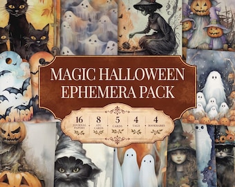 May include: A collection of Halloween-themed paper ephemera featuring illustrations of black cats, ghosts, witches, and jack-o'-lanterns. The central brown label displays the text MAGIC HALLOWEEN EPHEMERA PACK with counts for 16 journal papers, 8 ATC cards, 5 cards, 4 tags, and 4 bookmarks.