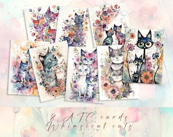 Cats Collage Sheets, Cats Ephemera, Whimsical Atc Cards, Floral Scrapbook Papers, Junk Journal, Ephemera, Tags, Pages, Instant Download
