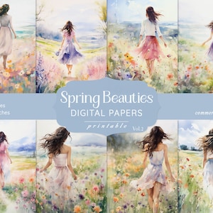 Carta per album di ritagli primaverili, carte digitali, decoupage di belle ragazze, sfondo primaverile, kit di diario spazzatura, diario spazzatura primaverile, carte floreali