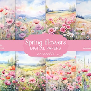 Frühling Digital Paper Pack, Blumen Scrapbook Kit, Blumen Hintergrund, Aquarell Blumen Collage, bedruckbar, Papiere, Scrapbooking, Karten
