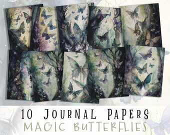 May include: Ten digital papers featuring watercolor illustrations of butterflies in a forest setting. The butterflies are various shades of blue, purple, and green. The background is a soft green and blue with hints of purple.