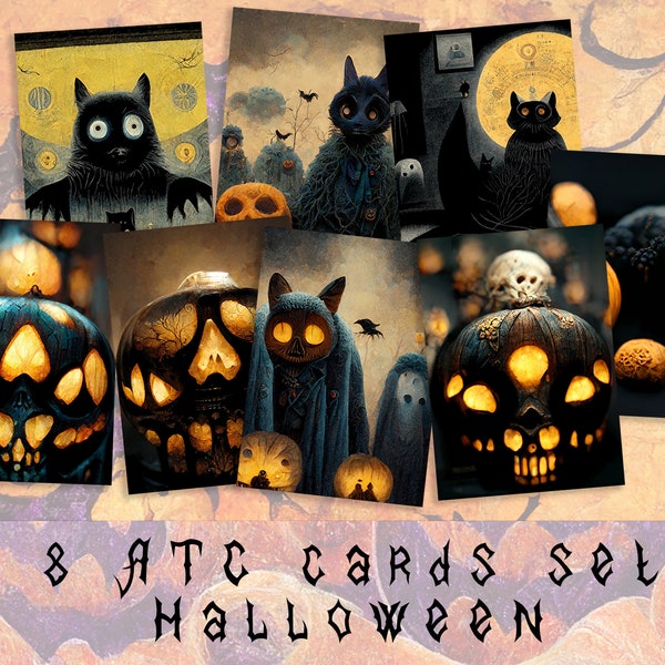 Halloween Atc Set of 8, Digital Collage Sheet, Atc Cards Halloween Aceo, Printable Download Digital Image