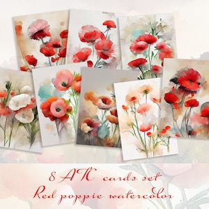 Rode klaprozen ATC-kaarten, bloemen afdrukbare kaarten, klaprozen aquarel digitale kaarten, Floral Junk Journal ephemera, Instant Download