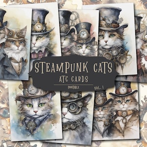 Cartes de carnet de scrapbooking chat, feuilles de collage steampunk, journal de la camelote chat, cartes Atc chats steampunk, art chat steampunk, fournitures de journal indésirable