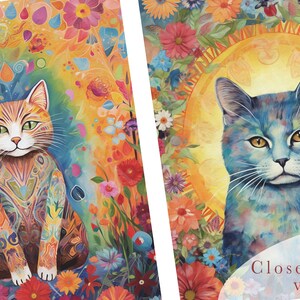 May include: Two colourful illustrations of cats surrounded by flowers. The cat on the left is orange and white with a colourful patterned design. The cat on the right is blue with a yellow sun behind it.