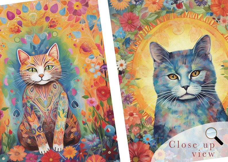 May include: Two colourful illustrations of cats surrounded by flowers. The cat on the left is orange and white with a colourful patterned design. The cat on the right is blue with a yellow sun behind it.