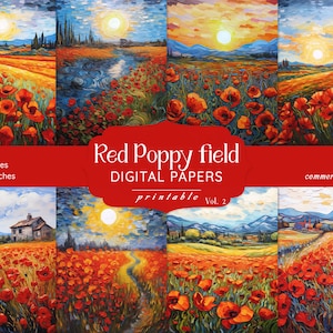 Papier numérique Coquelicots rouges | Papier journal floral indésirable | Papier de scrapbooking imprimable | Téléchargement numérique | Feuilles de collage floral