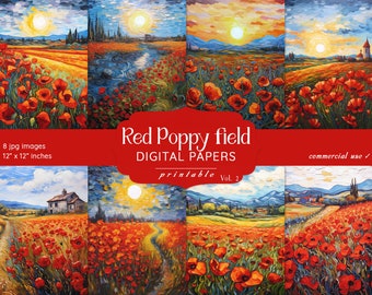Red Poppies Digital Paper Pack: Floral Junk Journal and Scrapbook Sheets (Digital Download)