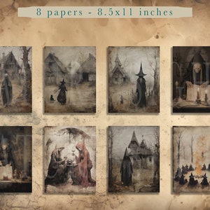 May include: Set of eight 8.5x11 inch printable digital papers featuring illustrations of witches, magic, and spooky scenes in a dark, moody style.