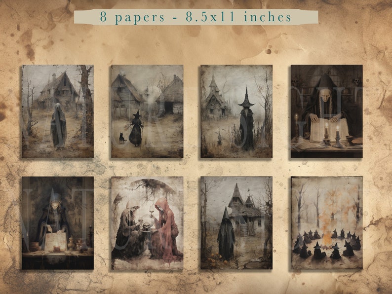 May include: Set of eight 8.5x11 inch printable digital papers featuring illustrations of witches, magic, and spooky scenes in a dark, moody style.