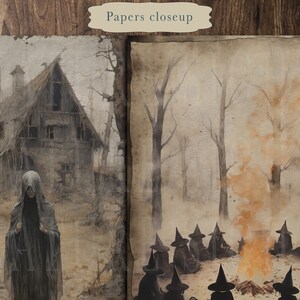 May include: Two vintage paper textures with a spooky theme. One shows a hooded figure standing in front of a dilapidated house in a foggy forest. The other shows a group of witches gathered around a fire in a forest.