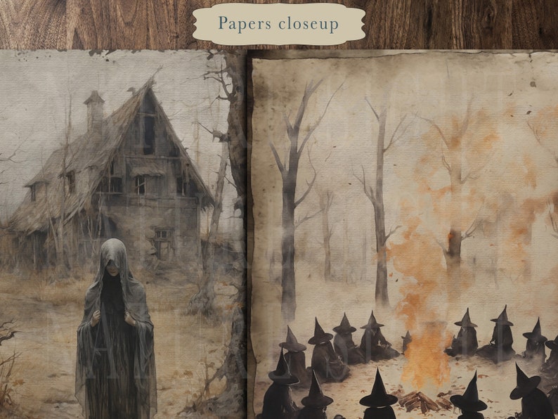 May include: Two vintage paper textures with a spooky theme. One shows a hooded figure standing in front of a dilapidated house in a foggy forest. The other shows a group of witches gathered around a fire in a forest.
