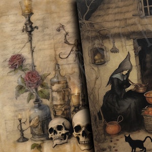 May include: Two women in black hooded robes stand in a dimly lit room, stirring a cauldron over a fire. A black cat sits on the floor in front of them. The room is decorated with a variety of objects, including a basket of fruit, a lantern, and a skull.