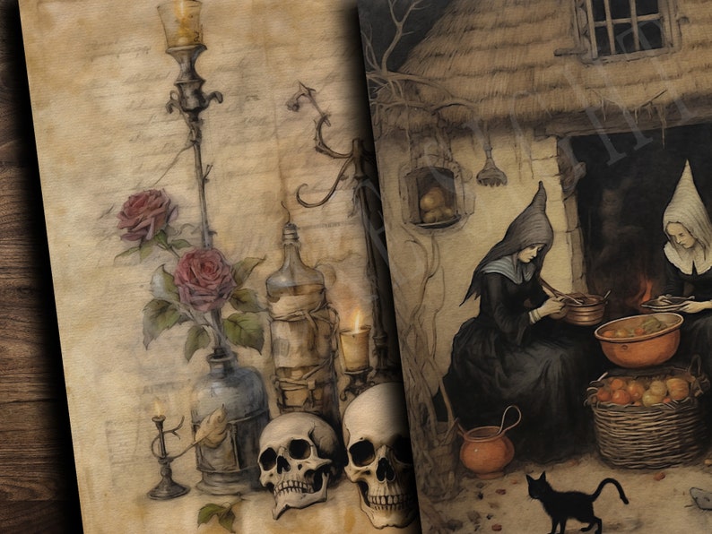 May include: Two women in black hooded robes stand in a dimly lit room, stirring a cauldron over a fire. A black cat sits on the floor in front of them. The room is decorated with a variety of objects, including a basket of fruit, a lantern, and a skull.