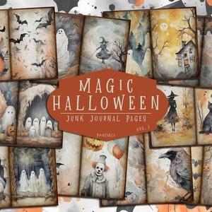May include: A set of printable Halloween themed junk journal pages featuring images of ghosts, cats, pumpkins, crows, witches, and a clown. The pages are designed with a vintage aesthetic and have a distressed look. The text on the pages reads "Magic Halloween Junk Journal Pages Vol. 1 Printable".