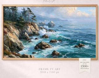 Coastal Cliffs Frame TV Art: Pacific Coast Oil Painting Waves Ocean Landscape (Digital Download)