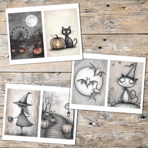 May include: Four Halloween-themed art prints. One shows a Ferris wheel and pumpkins under a full moon. Another features a black cat and a jack-o'-lantern. The other two show a witch with a broom and a cat wearing a witch hat.
