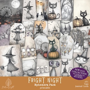 May include: A collection of printable Halloween-themed ephemera tags and journal cards. The illustrations feature whimsical black cats, pumpkins, ghosts, witches, and haunted houses in a grayscale color palette. The text "FRIGHT NIGHT" is displayed prominently.