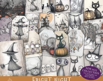 May include: A collection of printable Halloween-themed ephemera tags and journal cards. The illustrations feature whimsical black cats, pumpkins, ghosts, witches, and haunted houses in a grayscale color palette. The text "FRIGHT NIGHT" is displayed prominently.