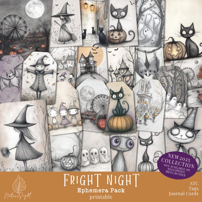 May include: A collection of printable Halloween-themed ephemera tags and journal cards. The illustrations feature whimsical black cats, pumpkins, ghosts, witches, and haunted houses in a grayscale color palette. The text "FRIGHT NIGHT" is displayed prominently.
