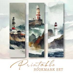 Nautische Aquarell Lesezeichen, Leuchtturm druckbare Lesezeichen, Küsten druckbare Lesezeichen, Ozean digitaler Download, Strand Lesezeichen