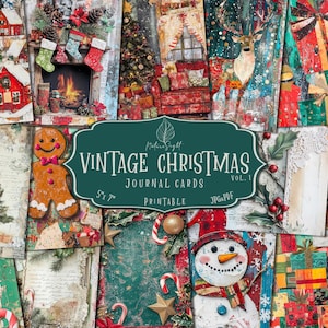 Cartões de diário de Natal vintage, pacote de lembranças de Natal, cartões de papel para scrapbook, papéis digitais de Natal, kit de diário de lixo, criação de cartões