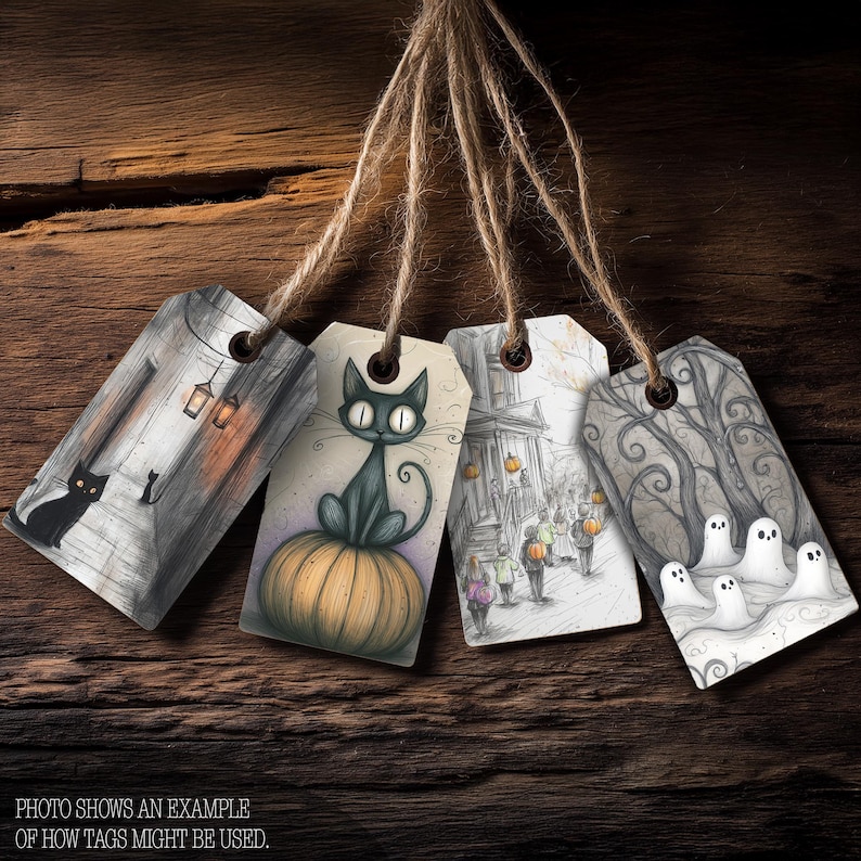 May include: Set of four Halloween-themed gift tags with illustrations. Designs include a black cat, a cat on a pumpkin, a haunted house scene, and ghosts under a tree. Each tag is strung with twine and set against a wooden background.