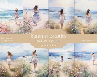 Summer Beach Floral Digital Paper Set – Scrapbook and Junk Journal (Digital Download)