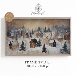 Arte para TV com Moldura de Vila Florestal | Arte Digital com Paisagem de Pinheiros Nevados | Decoração Rústica de Inverno | Protetor de Tela Digital | Download Digital | TV Samsung