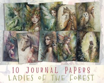 May include: Ten digital papers featuring watercolour illustrations of women in a forest setting. The illustrations include a unicorn, a fox, an owl, and various flowers and plants.