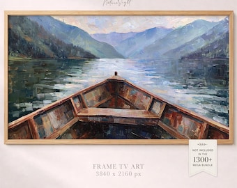 Mountain Lake Painting Frame TV Art: Alpine Boat Water Landscape Scene (Digital Download)
