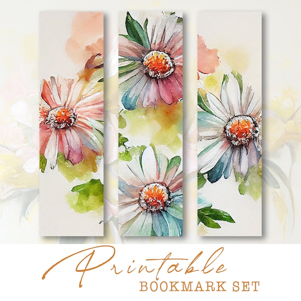 Floral Watercolor Bookmarks, Daisy Bookmark Set of 3, Flowers Lovers Gift, Printable Art