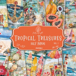 Papeles tropicales de media página / Álbum de recortes de playa de verano / Diario de basura oceánica / Collage de mar tropical / Paquete de efímeras imprimibles / Páginas de diario de verano