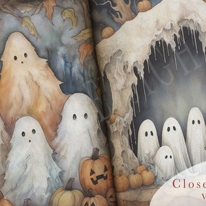 May include: A watercolor illustration of a group of ghosts in a spooky forest setting. The ghosts are white and translucent, with large eyes and simple features. They are surrounded by pumpkins and autumn leaves. The image has a vintage, whimsical feel.