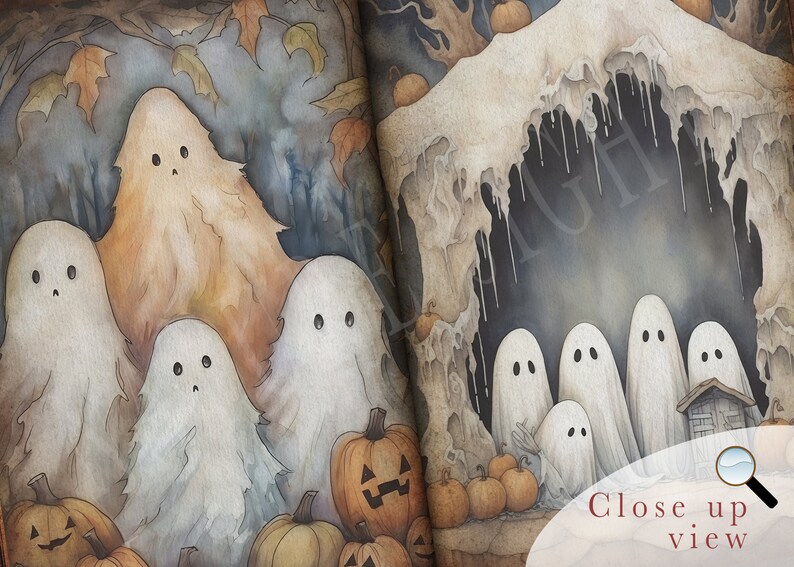 May include: A watercolor illustration of a group of ghosts in a spooky forest setting. The ghosts are white and translucent, with large eyes and simple features. They are surrounded by pumpkins and autumn leaves. The image has a vintage, whimsical feel.
