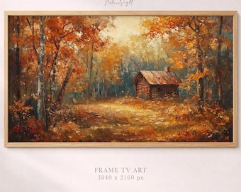 May include: A framed landscape painting depicts an autumn forest scene with a small cabin. The artwork features vibrant orange and yellow foliage, a rustic cabin with a red roof, and the text "FRAME TV ART 3840 x 2160 px".