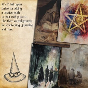 Pu&ograve; includere: Un set di quattro carte digitali stampabili con illustrazioni ad acquerello di un cappello da strega, un mago che legge un libro, un pentagramma e un gruppo di streghe che camminano in un bosco. Le carte misurano 8,5 pollici per 11 pollici e sono perfette per aggiungere un tocco creativo ai progetti di artigianato.
