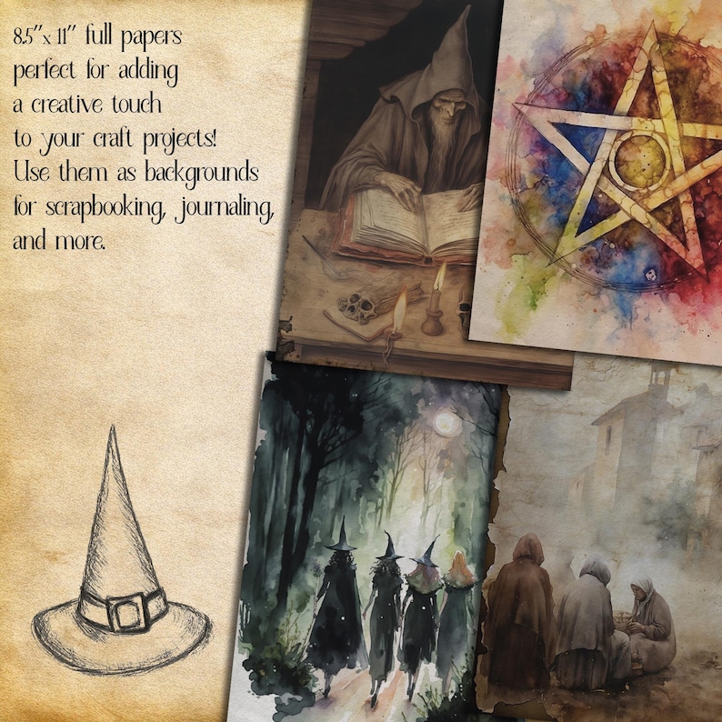 Pu&ograve; includere: Un set di quattro carte digitali stampabili con illustrazioni ad acquerello di un cappello da strega, un mago che legge un libro, un pentagramma e un gruppo di streghe che camminano in un bosco. Le carte misurano 8,5 pollici per 11 pollici e sono perfette per aggiungere un tocco creativo ai progetti di artigianato.