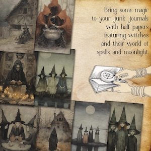 Pu&ograve; includere: Foglio di collage digitale con illustrazioni di streghe, incantesimi e una foresta illuminata dalla luna. Il foglio include il testo: "Porta un po' di magia nei tuoi diari di scarto con fogli a met&agrave; che presentano streghe e il loro mondo di incantesimi e luce lunare."