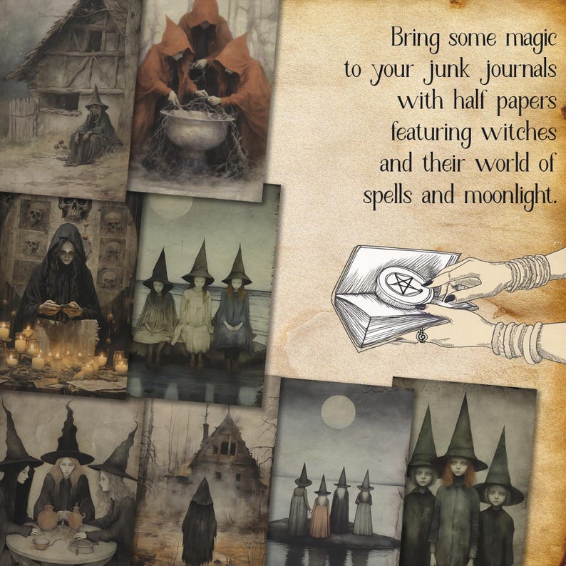 Pu&ograve; includere: Foglio di collage digitale con illustrazioni di streghe, incantesimi e una foresta illuminata dalla luna. Il foglio include il testo: "Porta un po' di magia nei tuoi diari di scarto con fogli a met&agrave; che presentano streghe e il loro mondo di incantesimi e luce lunare."
