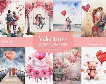 Valentines Digital Papers: Romantic Love Scrapbook Backgrounds (Digital Download)