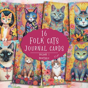 Cartes de journalisation chat, art folklorique chat, éphémères de scrapbooking, kit de carnet de notes de chat, papier de scrapbooking chat, cartes de voeux, téléchargement numérique