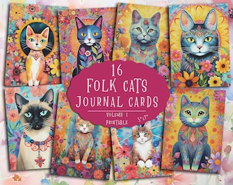 Folk Art Cat Journaling Cards: Vintage Scrapbook Ephemera (Digital Download)