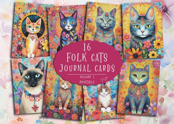 Folk Art Cat Journaling Cards: Vintage Scrapbook Ephemera (Digital Download)