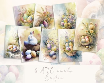Kit per junk journal di Pasqua: biglietti con coniglietti in stile shabby chic e fogli per collage di uova primaverili (download digitale)