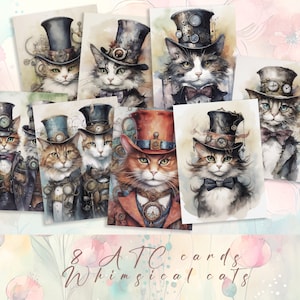 Steampunk Cats ATC Cards – Whimsical Printable Collage Sheets (Digital Download)