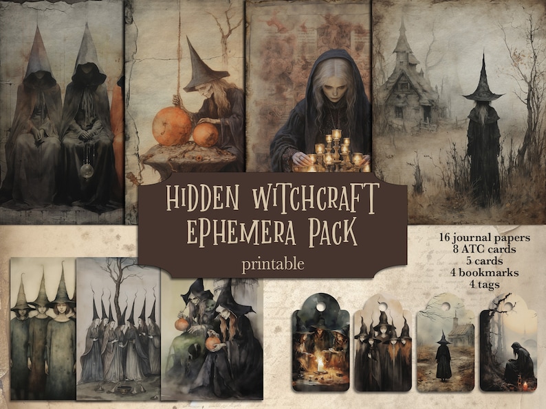 May include: Printable digital collage sheet featuring illustrations of witches, a house, and candles. The sheet includes 16 journal papers, 8 ATC cards, 5 cards, 4 bookmarks, and 4 tags. The text "HIDDEN WITCHCRAFT EPHEMERA PACK printable" is at the bottom of the sheet.