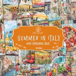 May include: A collage of Italian-themed images, including food, landscapes, and architecture. The central element is an orange banner with the text "SUMMER IN ITALY" and "MINI EPHEMERA PACK". The collage includes pizza, pasta, and tomatoes.