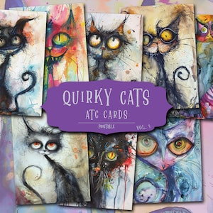Cartões de diário de scrapbooking de gatos caprichosos, cartões de felicitações de gatos, diário de lixo de gatos, papel digital de gatos, álbum de recortes caprichoso, folhas de colagem de gatos